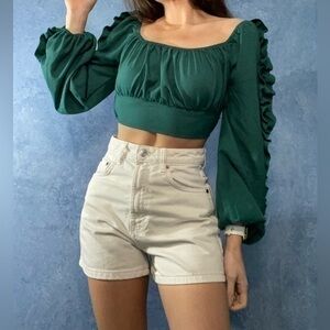 Forest Green Ruffle Balloon Sleeve Crop Top